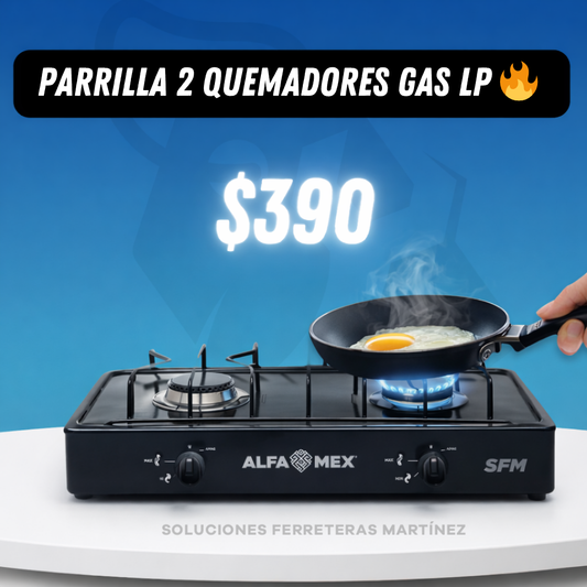 Parrilla de Gas LP Alfamex 2 Quemadores Acero Porcelanizado Negra